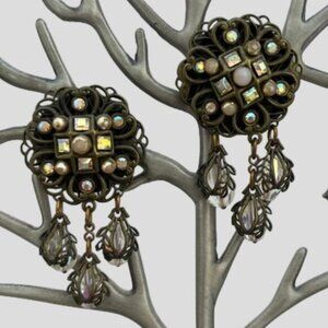 Vintage Banana Bob Bronze Iridescent Stone Dangle Clip On Earrings